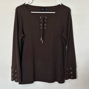 Rafaella Brown Lace-Up Crew Neck Sweater